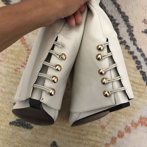 London Trash White Leather Knee High Solange Almond Toe Slouchy Wedge Boots 8.5 - Picture 7 of 7